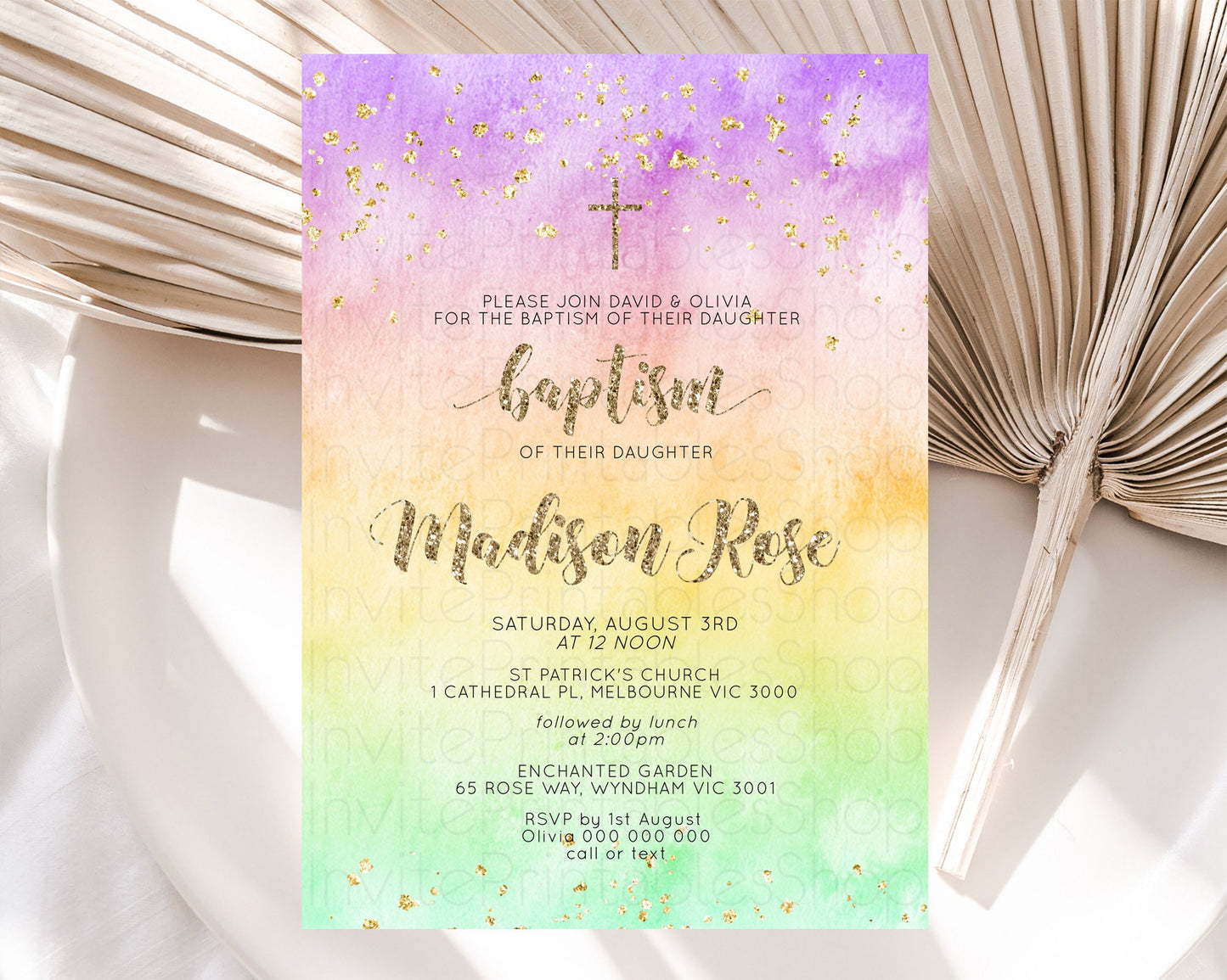 Pastel Baptism Invitation Pastel Colors Watercolor Baptism 1st Birthday Party Gold Ombre Pastel Rainbow Christening Holy Communion D10512