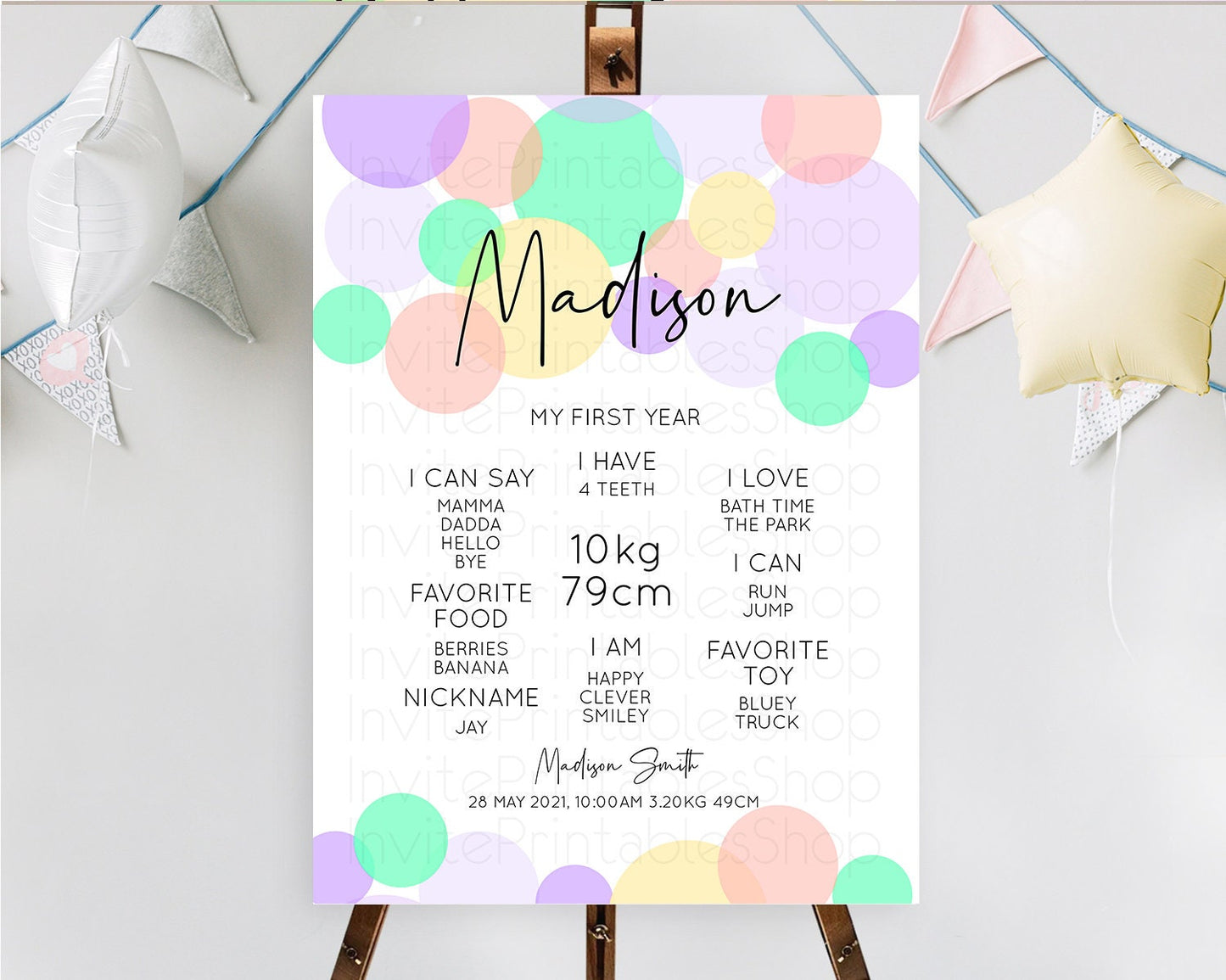 Pastel First Birthday Milestone Poster Pastel Rainbow Confetti First Birthday Milestone Board Colorful Bubbles Birthday Welcome Sign D10380