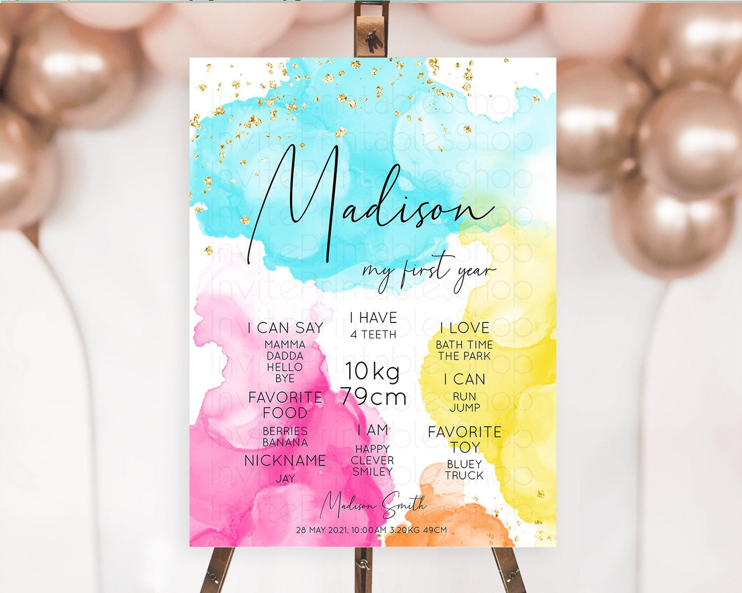 Pastel First Birthday Milestone Board Pastel Rainbow Milestone Poster Colorful Confetti Watercolor Glitter 1st Birthday Welcome Sign D10898