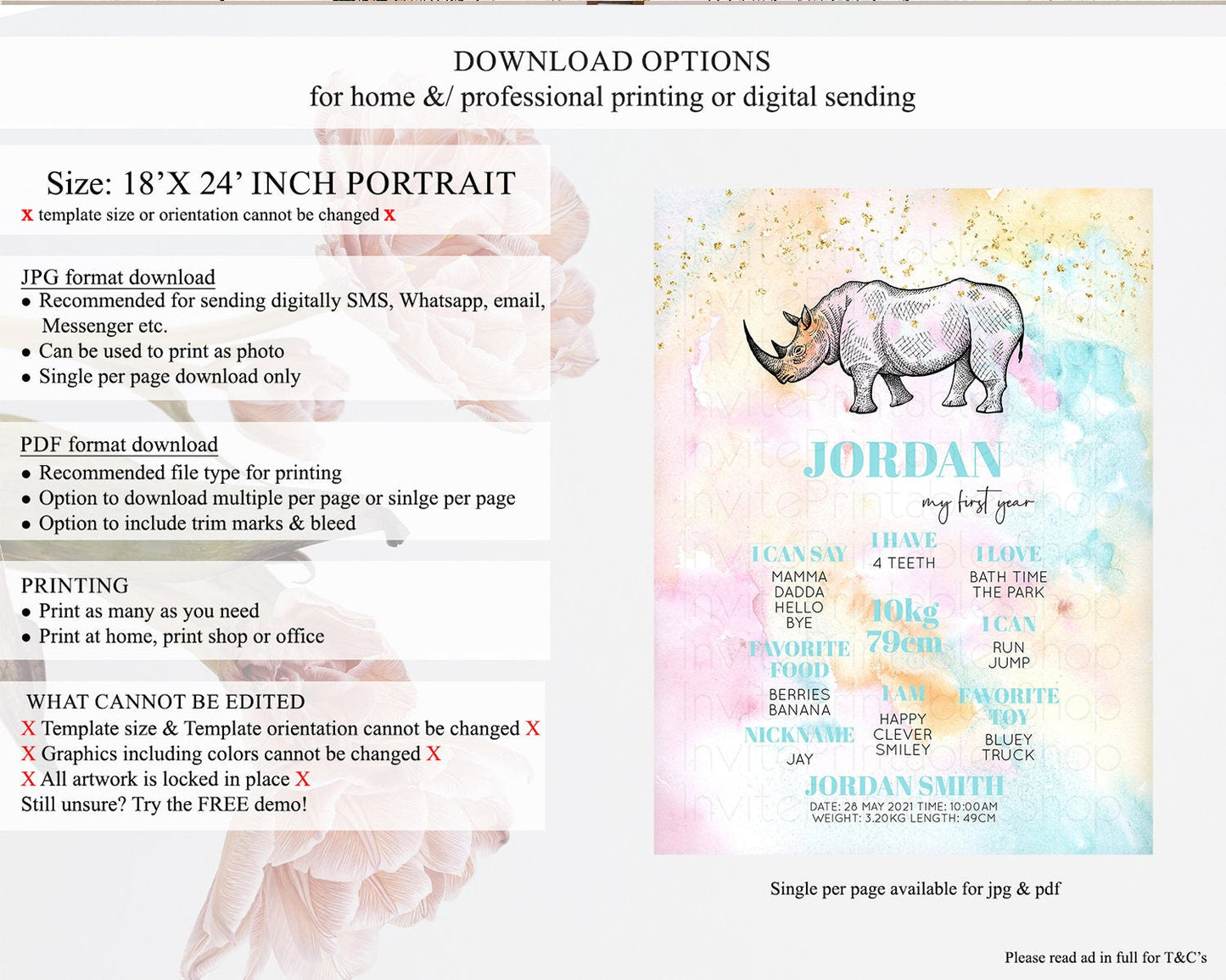 Pastel Rhino First Birthday Milestone Board Rhino Milestone Poster Colorful Rainbow Pastel Watercolor 1st Birthday Welcome Sign D10287