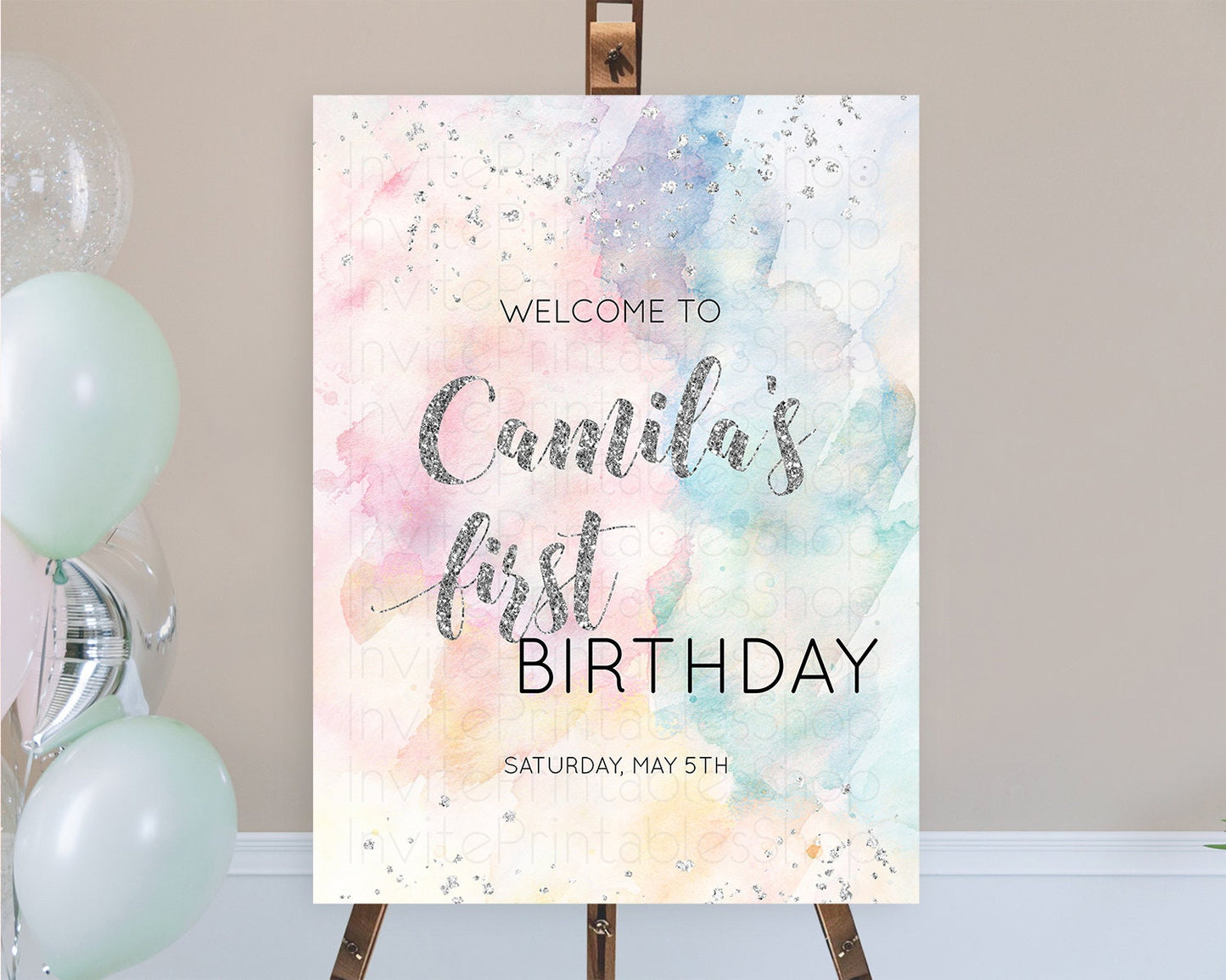 Pastel Rainbow Welcome Sign Pastel Welcome Board Pastel Colorful Party Poster Confetti Watercolor Silver First Birthday Welcome Sign D10944