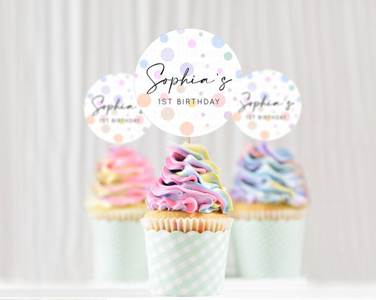 Pastel Cupcake Toppers Pastel Confetti Cupcake Topper Bubbles Sprinkles Colorful Rainbow Confetti Cupcake First Birthday Party Décor D10135