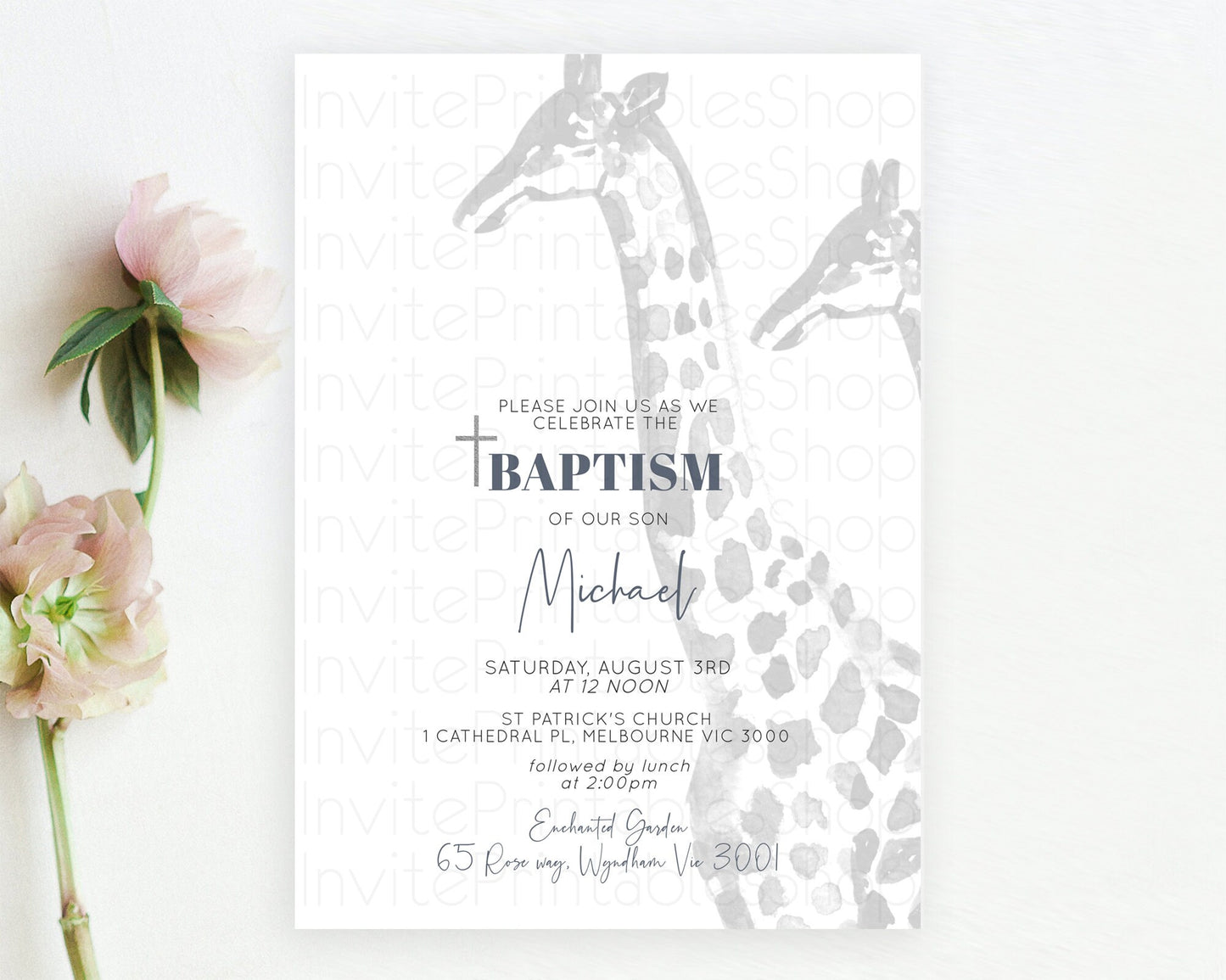 Giraffe Baptism Invitation Giraffe Baptism 1st Birthday Invitation Watercolor Wild Safari Giraffe Zoo Animal Christening Invitation D10306