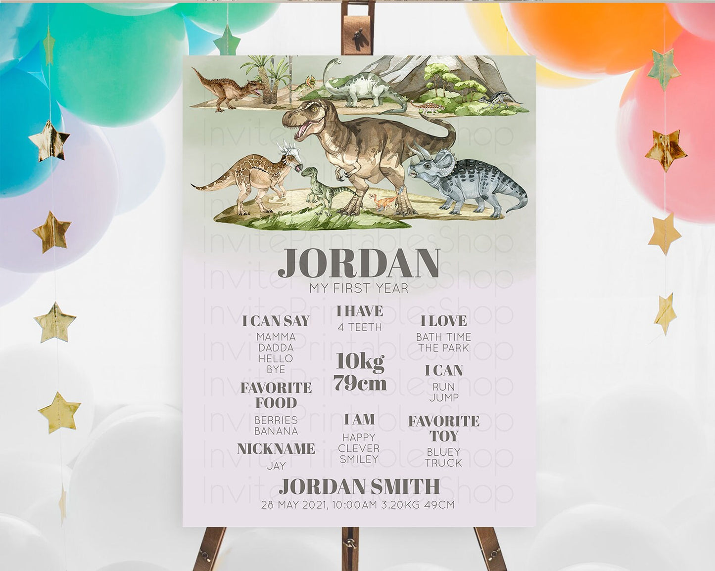 Dinosaur First Birthday Milestone Board Dinosaur Volcano Milestone Poster Watercolor Volcano T-Rex Raptor Jurassic 1st Birthday Sign D10671