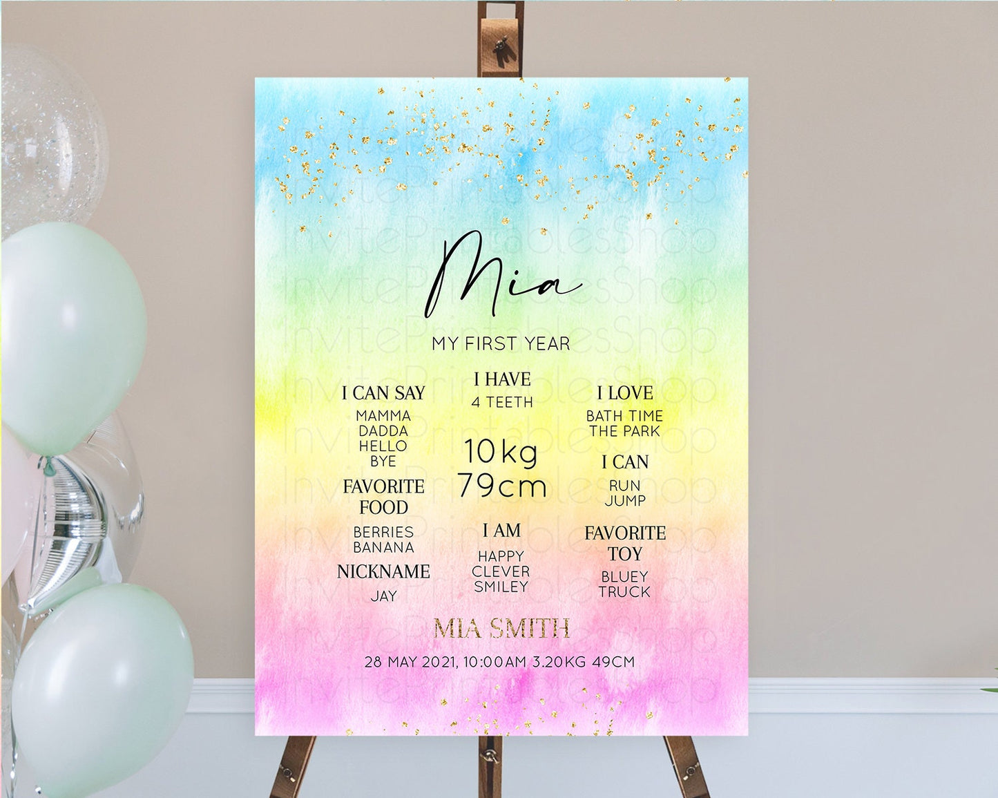 Pastel First Birthday Milestone Board Pastel Rainbow Milestone Poster Colorful Confetti Watercolor Glitter 1st Birthday Welcome Sign D10483