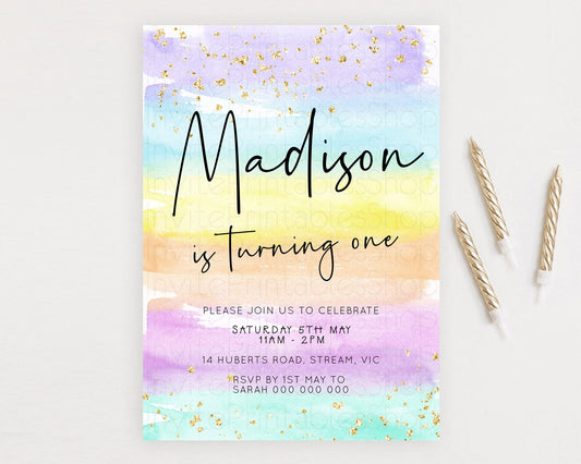 Pastel Birthday Invitation Ombre Watercolor Birthday Invitation Glitter Rainbow Color Splash 1st 2nd 3rd Birthday Invitation D23037