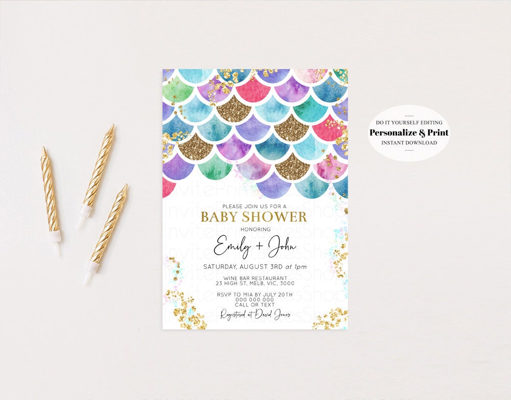 Mermaid Baby Shower Invitation Pastel Rainbow Baby Invite Under the Sea Invite Watercolor Baby Shower Invite Glitter Sprinkles Invite 575