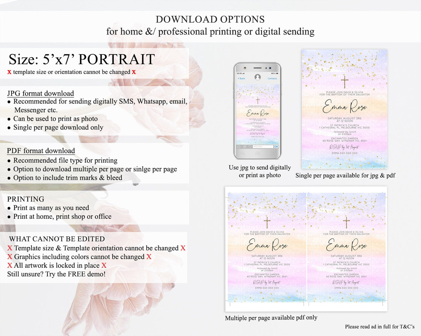 Pastel Baptism Invitation Pastel Colors Watercolor Baptism 1st Birthday Party Gold Ombre Pastel Rainbow Christening Holy Communion D10594