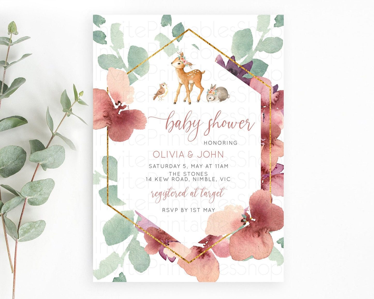 Enchanted Forest Baby Shower Invitation Burgundy Pastel Flowers Fawn, Deer, Butterfly Bunny Perfect for a Whimsical Fall Celebration D10913