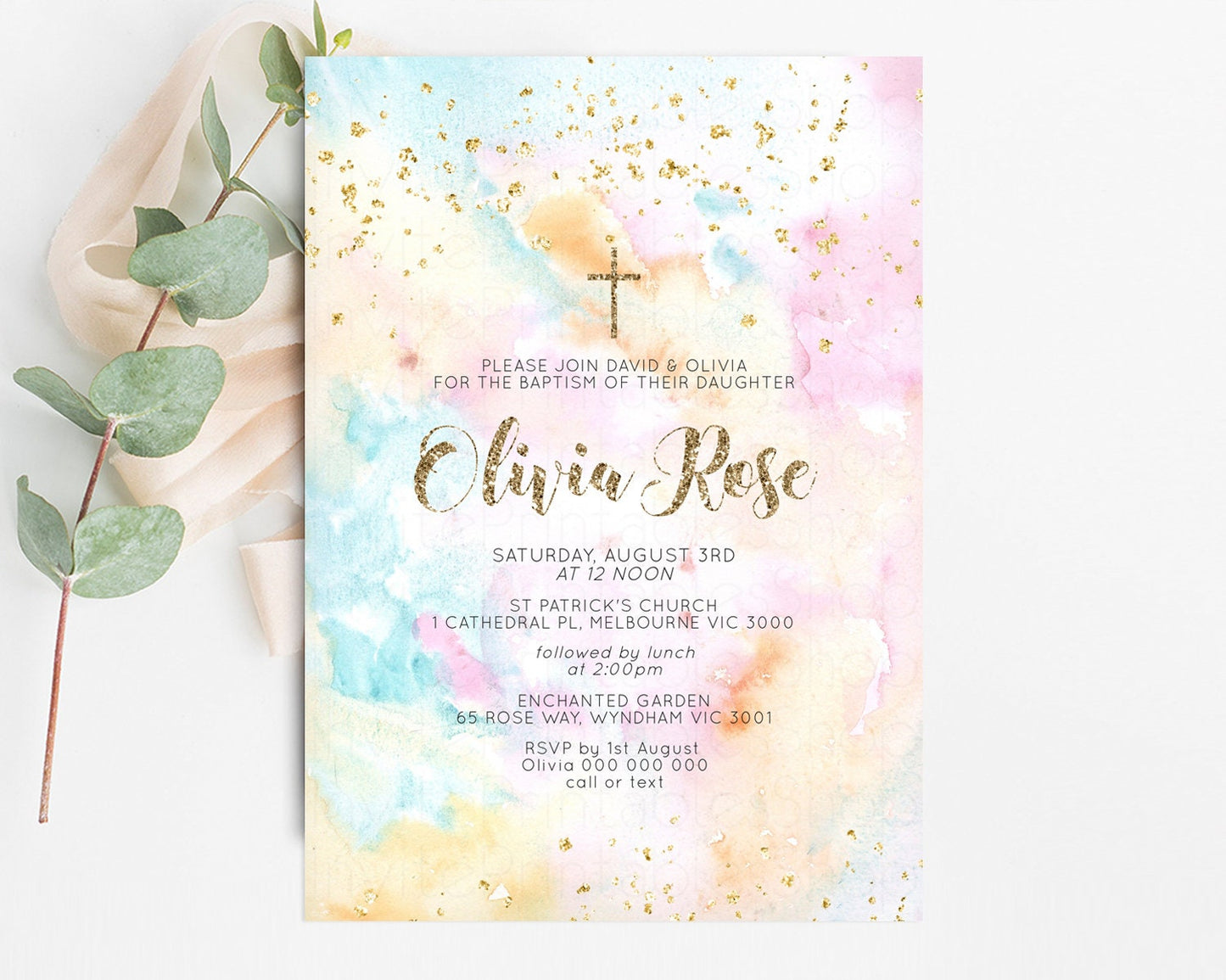 Rainbow Baptism invitation Pastel Rainbow Christening Invite Ombre Watercolor Invite Gold Glitter Sprinkle Splash Gold Cross Invite G566