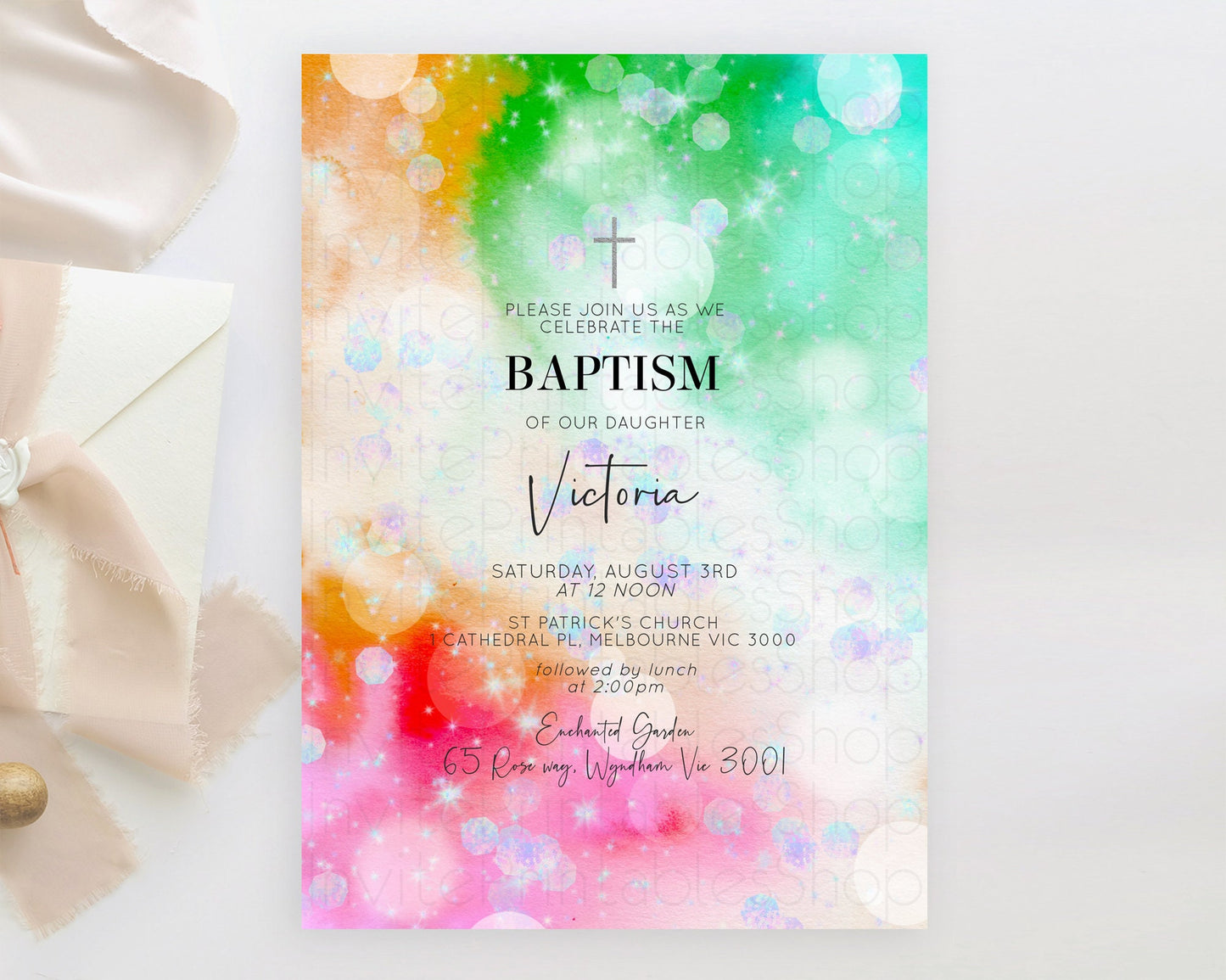 Rainbow Baptism Invitation Colorful Pastel Watercolor Baptism 1st Birthday Invitation Iridescent Glitter Sprinkles Ombre Christening D10691