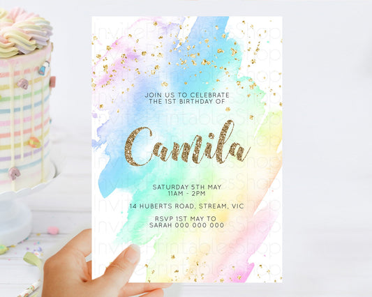 Rainbow Birthday Invitation Colorful Pastel Watercolor Invitation Gold Glitter Sprinkles Ombre Pastel 1st 2nd 3rd Birthday D10637