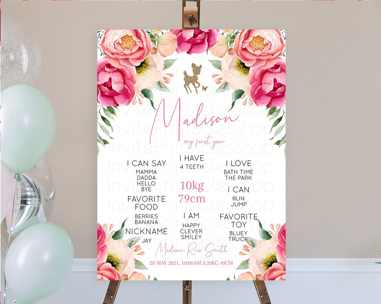 Fawn First Birthday Milestone Board Deer First Birthday Milestone Poster Enchanted Forest Butterfly Pastel Flowers 1st Birthday Sign D10326