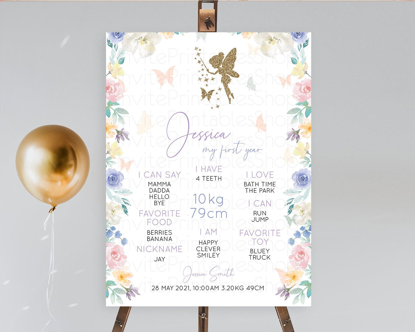 Fairy First Birthday Milestone Poster Fairy Secret Garden Milestone Board Enchanted Garden Pastel Floral Butterfly 1st Birthday Sign D10761