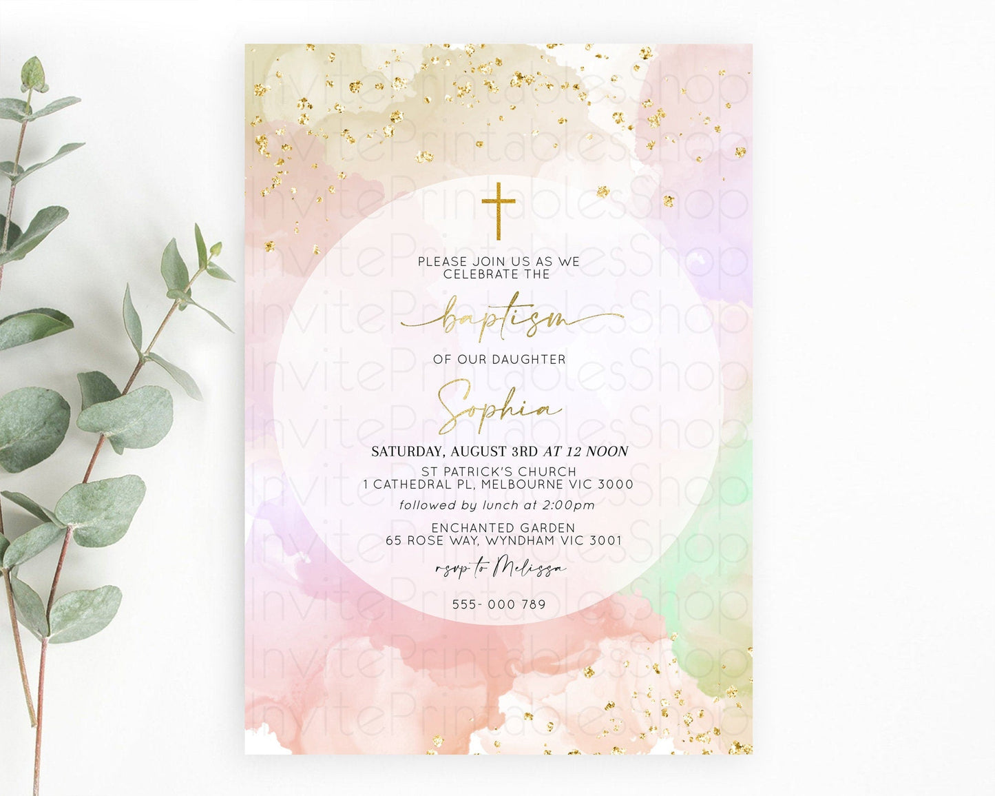 Pastel Baptism Invitation Pastel Colors Watercolor Baptism 1st Birthday Party Gold Ombre Pastel Rainbow Christening Holy Communion D10627