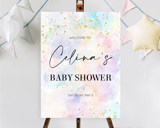 Pastel Baby Shower Welcome Sign Pastel Rainbow Welcome Sign Colorful Rainbow Confetti Watercolor Glitter Décor Pastel  Welcome Sign D10605