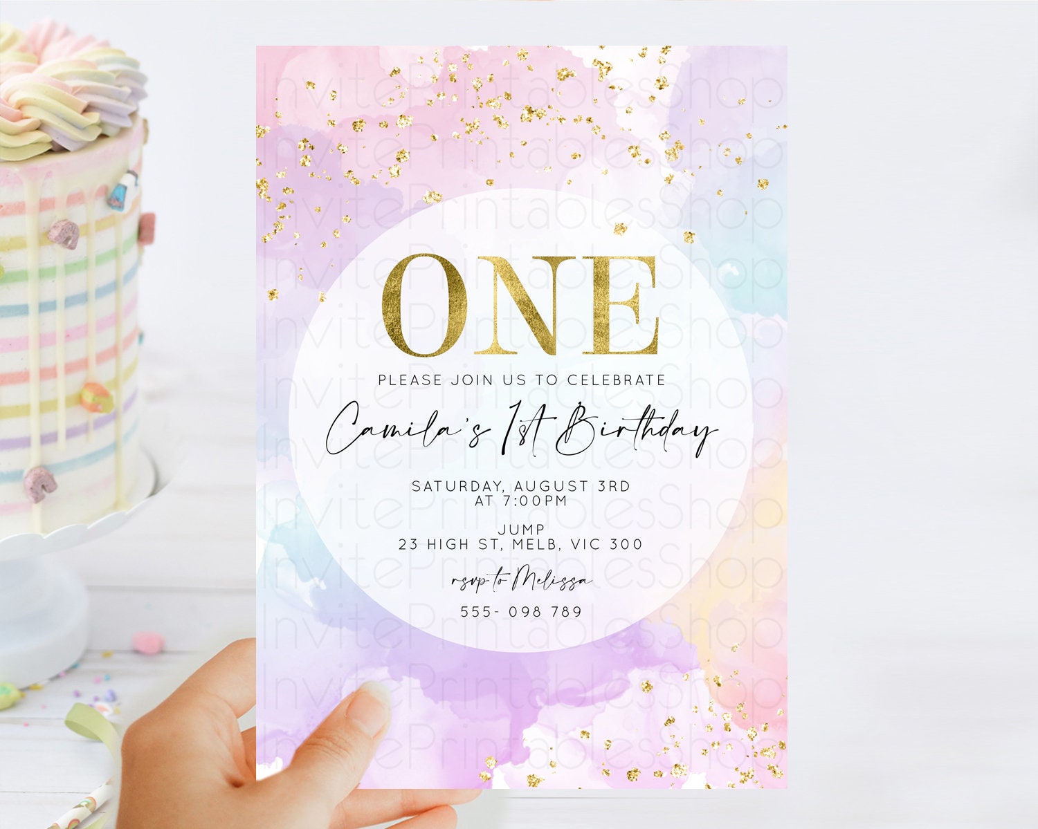 Editable Rainbow Birthday Invitation Colorful Pastel Watercolor Invitation G