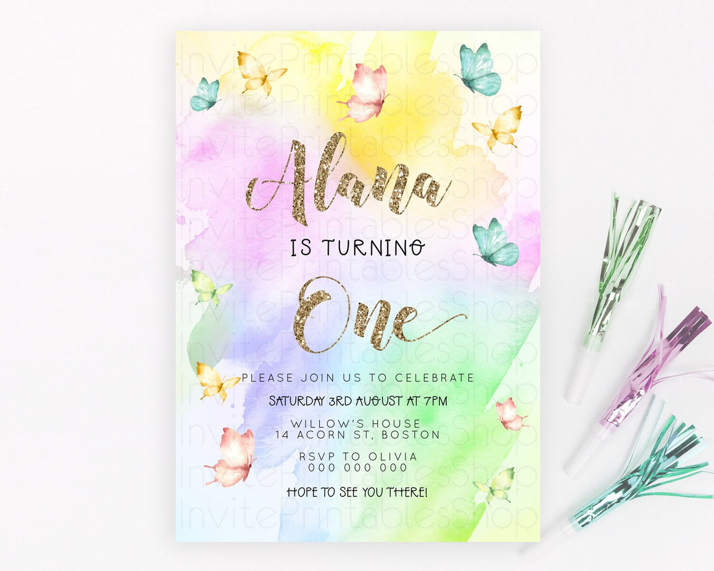 Pastel Butterfly Birthday Invitation Butterfly Birthday Invitation Colorful Splash Glitter Butterfly Garden 1st 2nd Birthday D23258