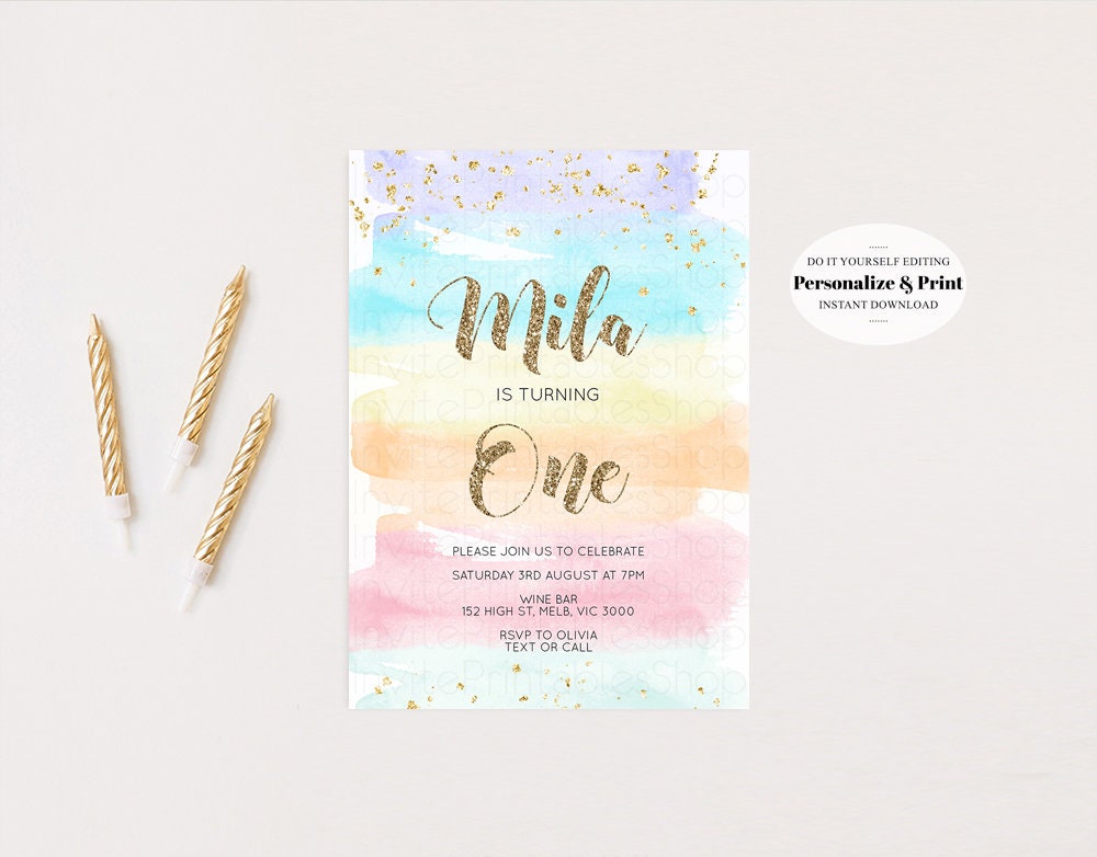 Rainbow Birthday Invitation Pastel Birthday Invitation Colorful Watercolor Invite Ombre Pastel Invitation Gold Glitter Sprinkles Invite 525