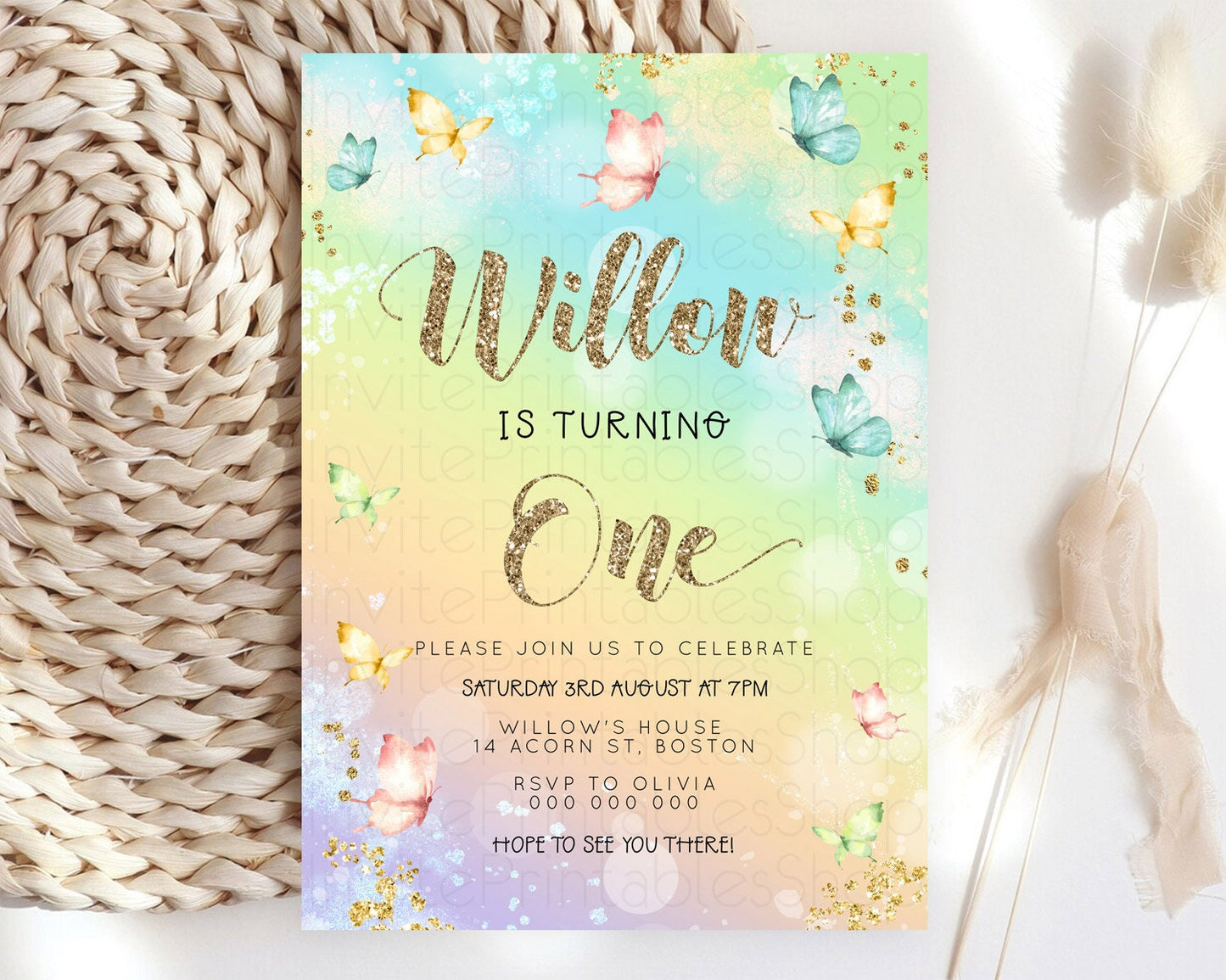 Pastel Butterfly Birthday Invitation Butterfly Birthday Invitation Colorful Splash Glitter Butterfly Garden 1st 2nd Birthday D23083