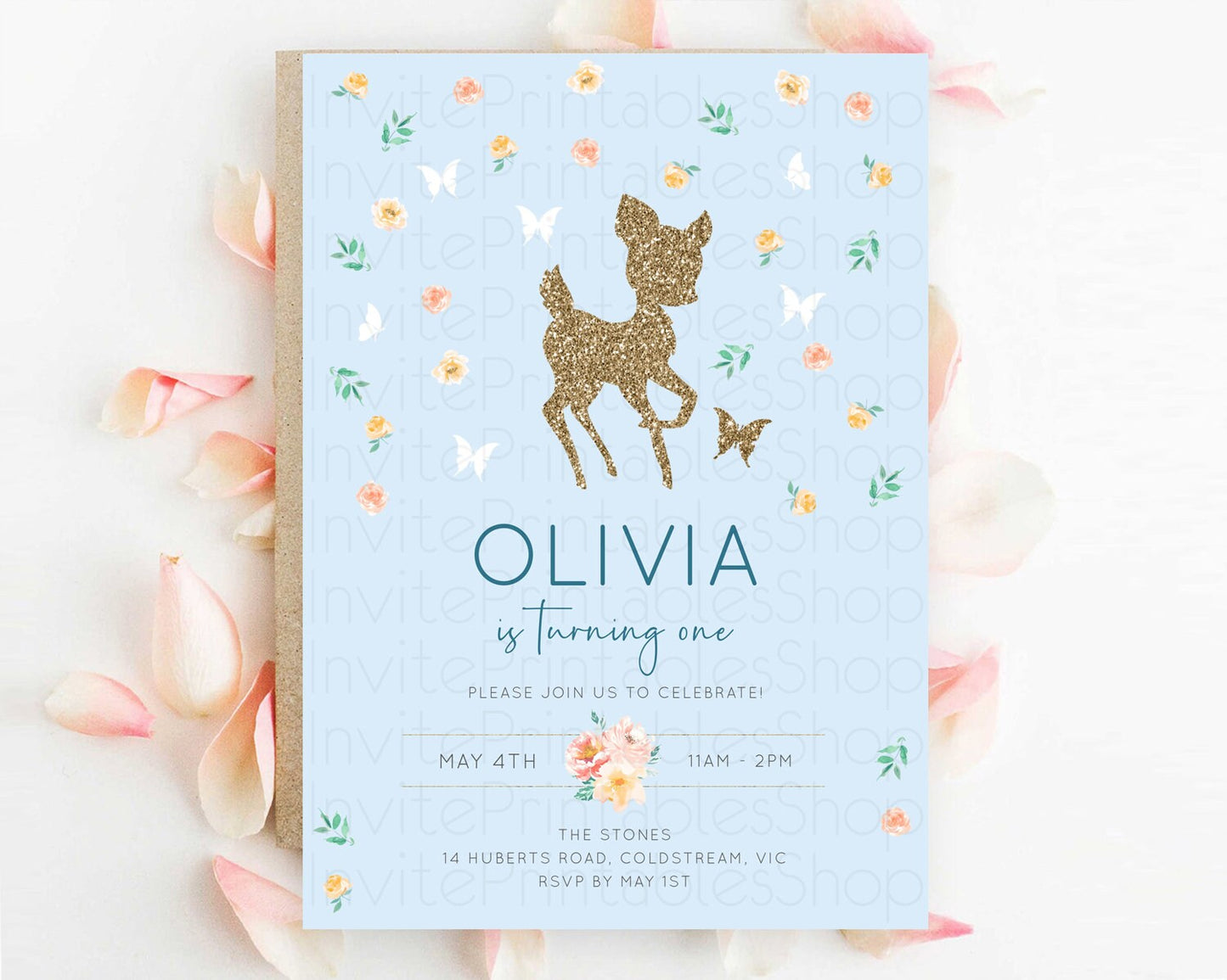 Fawn Birthday Invitation Deer Birthday Invitation Enchanted Forest Party Butterfly Pastel Flowers Whimsical 2nd 1st First Birthday D10902