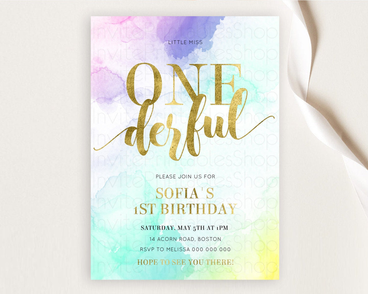 ONEderful Rainbow Birthday Invitation Colorful Pastel Watercolor Invitation Gold Glitter Sprinkles Ombre Pastel 1st Birthday D11024