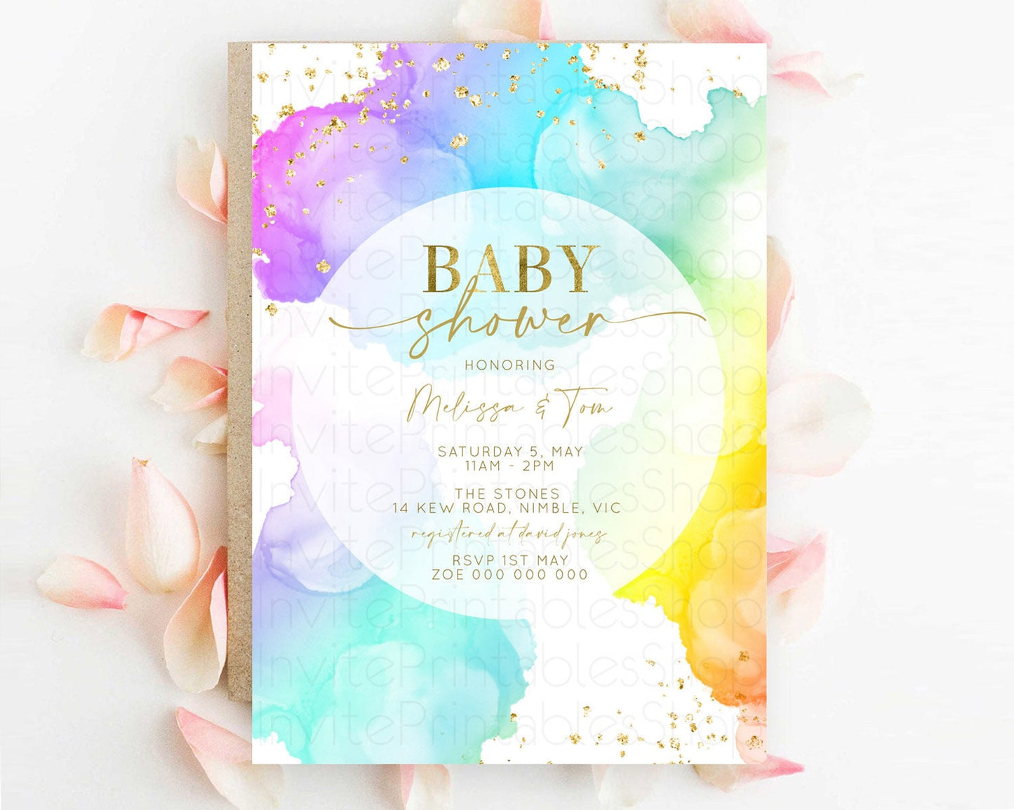 Pastel Baby Shower Invitation Rainbow Baby Shower Invitation Colorful Pastel Watercolor Invitation Gold Glitter Sprinkles Ombre D10213