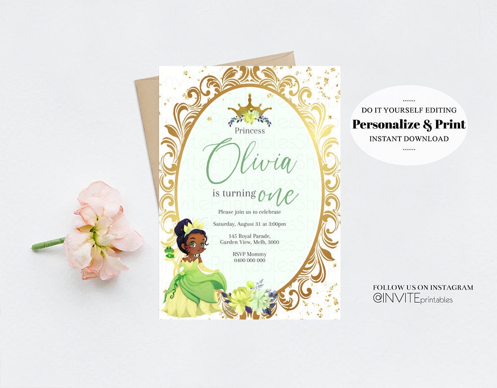 Princess Tiana Birthday Invitation Rose Crown Enchanted Castle Invitation Fairy Tale Mirror Mirror Gold Glitter Royal Celebration