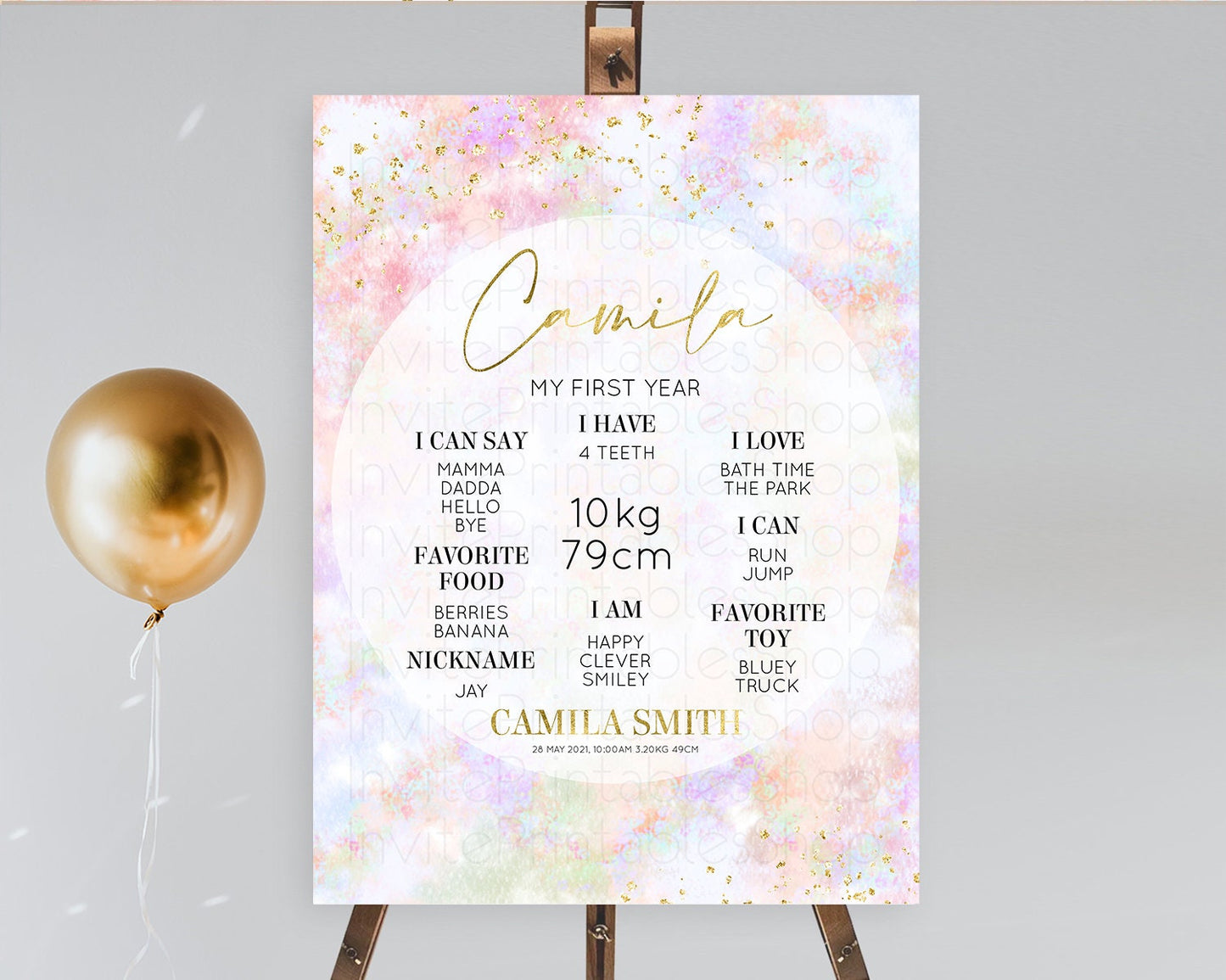 Pastel First Birthday Milestone Board Pastel Rainbow Milestone Poster Colorful Confetti Watercolor Glitter 1st Birthday Welcome Sign D10649
