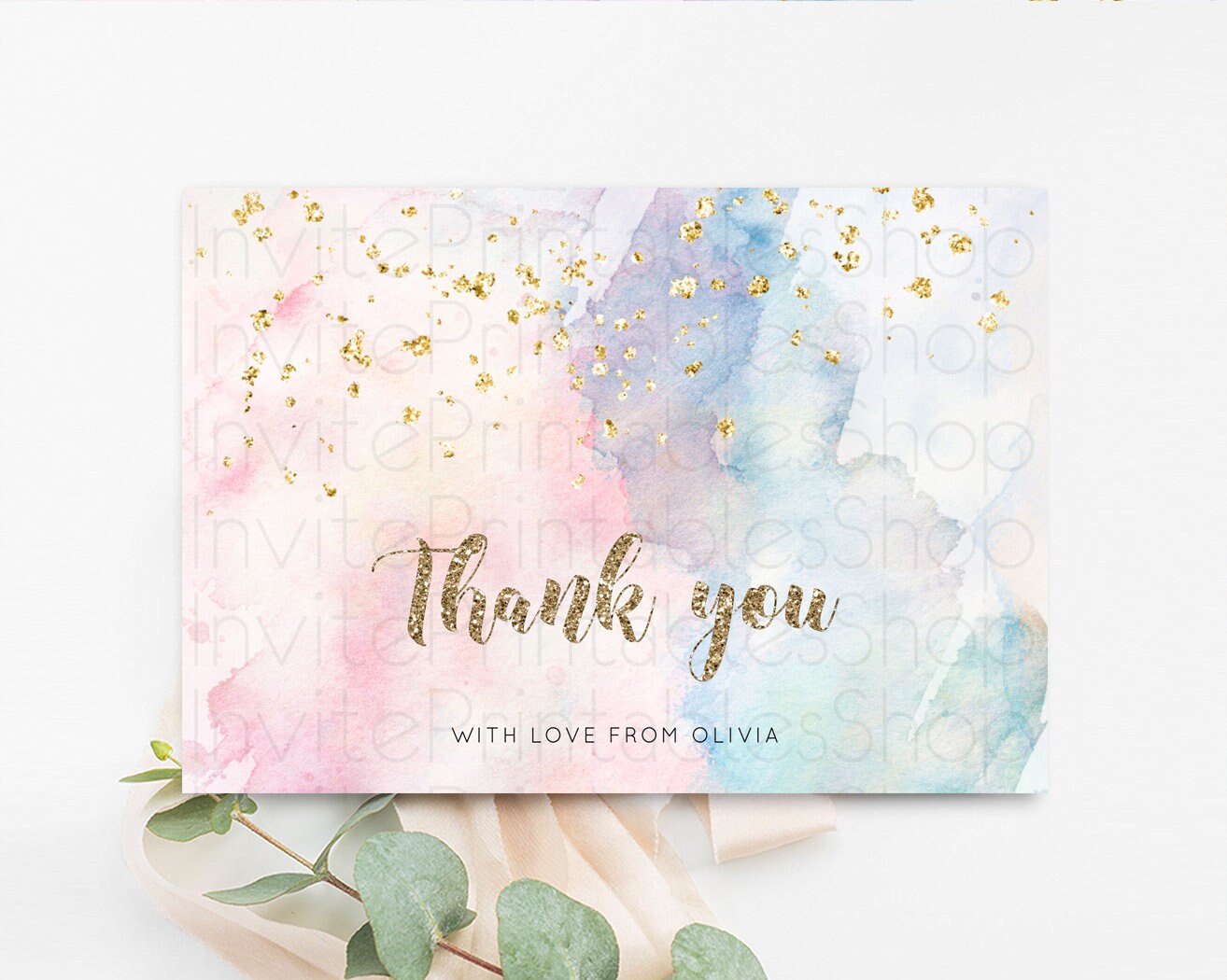 Pastel Rainbow Thank you Colorful Watercolor Gift Cards Splash Gold Glitter Card Birthday Engaged Baby Shower Wedding Folded/ Postcard 276