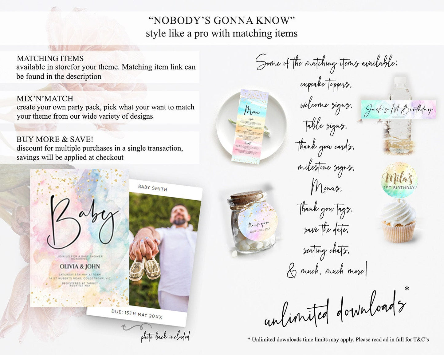 Pastel Rainbow Baby Shower Invitation, Colorful Watercolor, Gold Glitter Sprinkles, Pastel Ombre Splash in Pink, Blue, and Yellow D10263