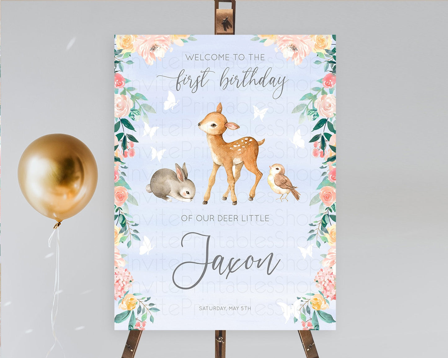 Fawn Welcome Sign Deer Welcome Board Floral Deer Welcome Poster Enchanted Forest Butterfly Pastel Floral First Birthday Welcome Sign D10920