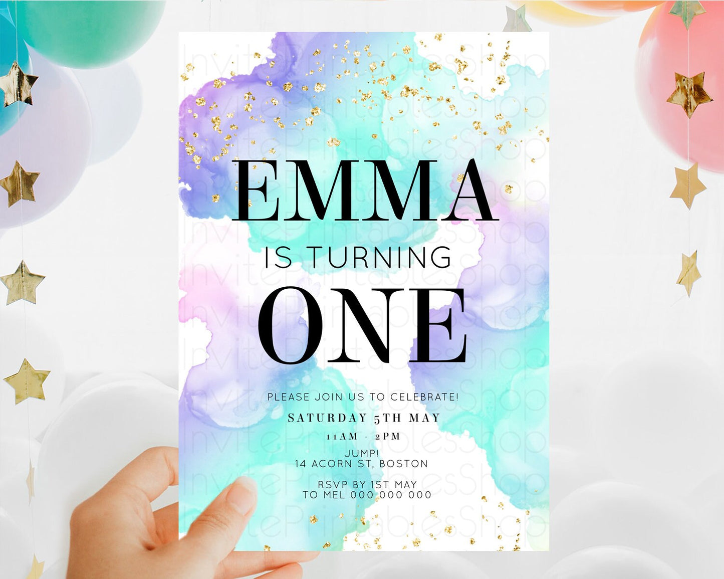Rainbow Birthday Invitation Colorful Pastel Watercolor Invitation Gold Glitter Sprinkles Ombre Pastel 1st 2nd 3rd Birthday D10212