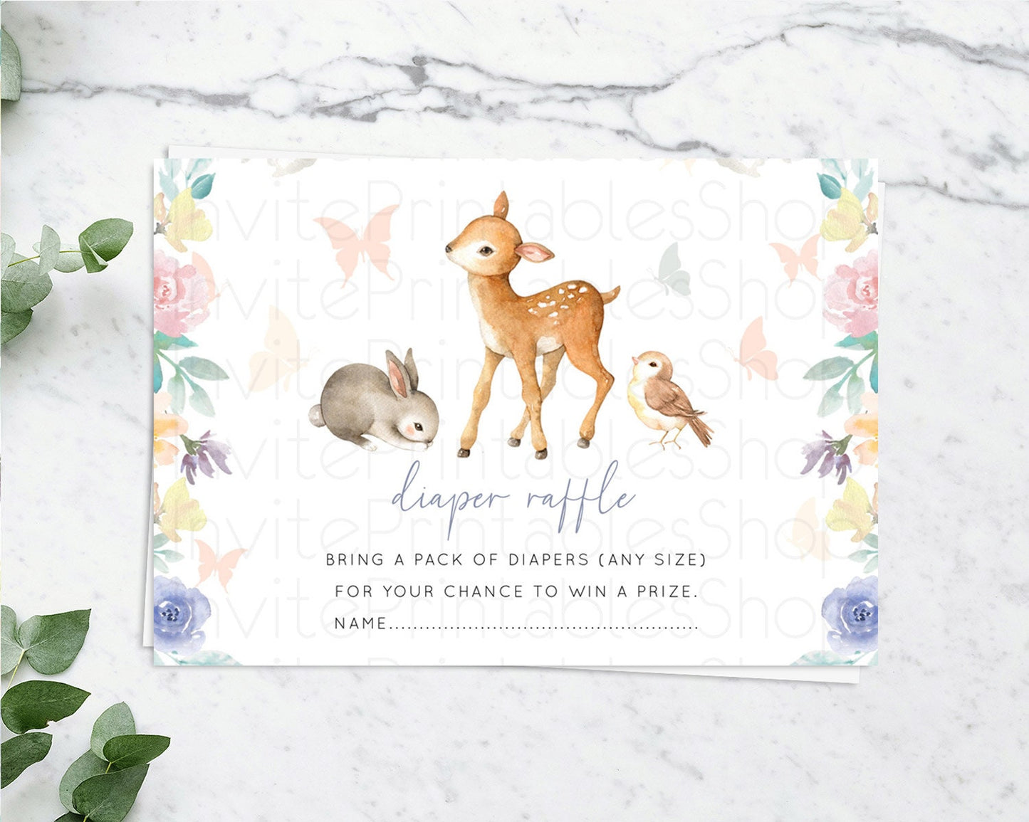 Fawn Diaper Raffle Card Deer Diaper Insert Floral Deer Diaper Ticket Enchanted Forest Butterfly Pastel Baby Shower Raffle Game D10930