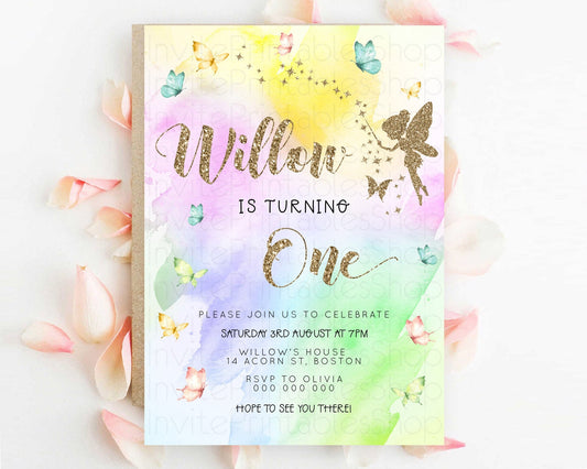 Pastel Fairy Birthday Invitation Pastel Butterflies Fairy Birthday Invitation Rainbow Ombre Watercolor 1st 2nd Birthday Invitation D23352