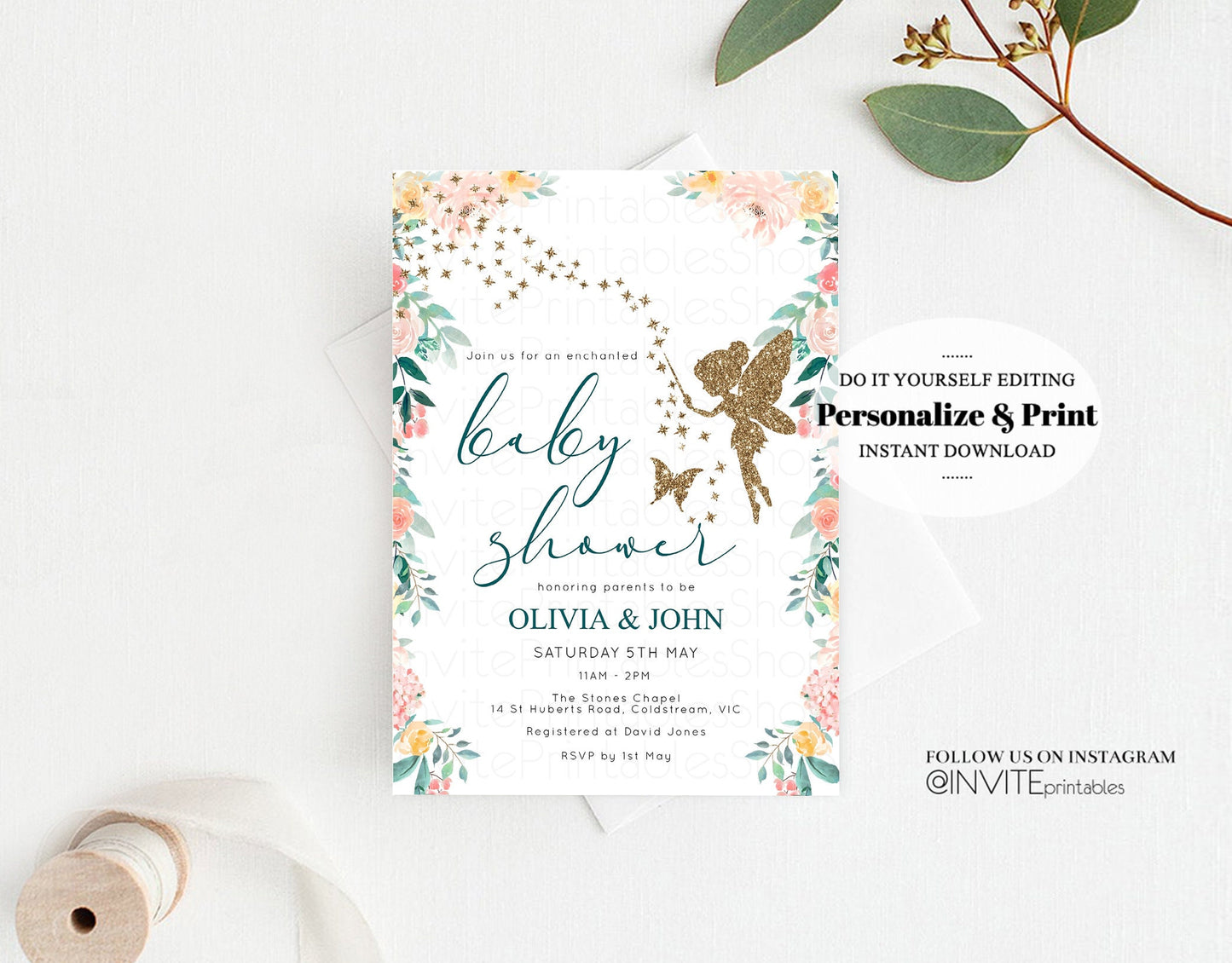 Fairy Baby Shower Invitation Enchanted Baby Tinkerbell Glitter Pixie Twinkle Stars Fairytale Pastel Watercolor Flowers Editable Template