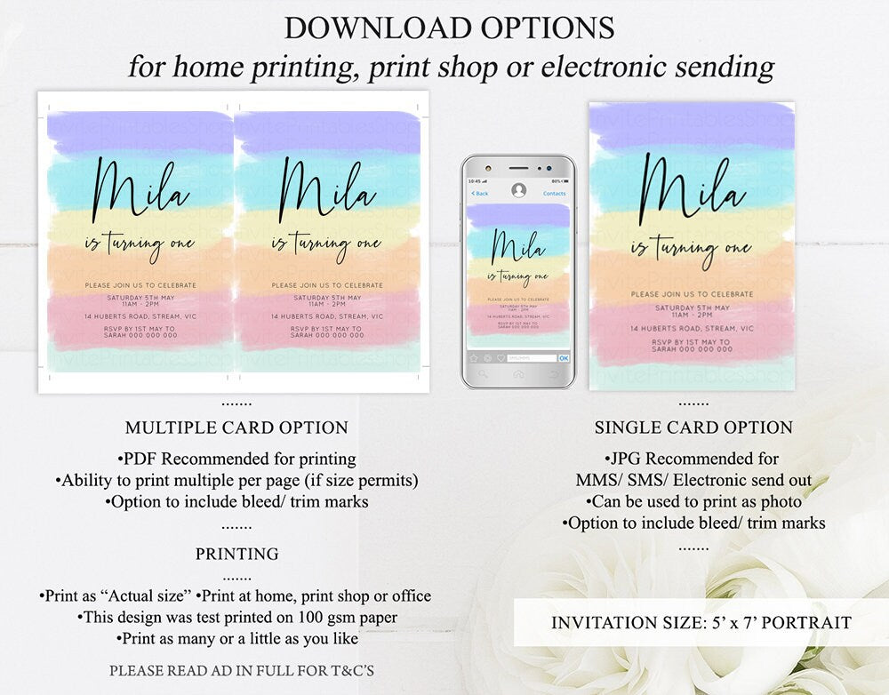 Rainbow Birthday Invitation Pastel Birthday Invitation Colorful Watercolor Invite Ombre Pastel Invitation Gold Glitter Sprinkles Invite