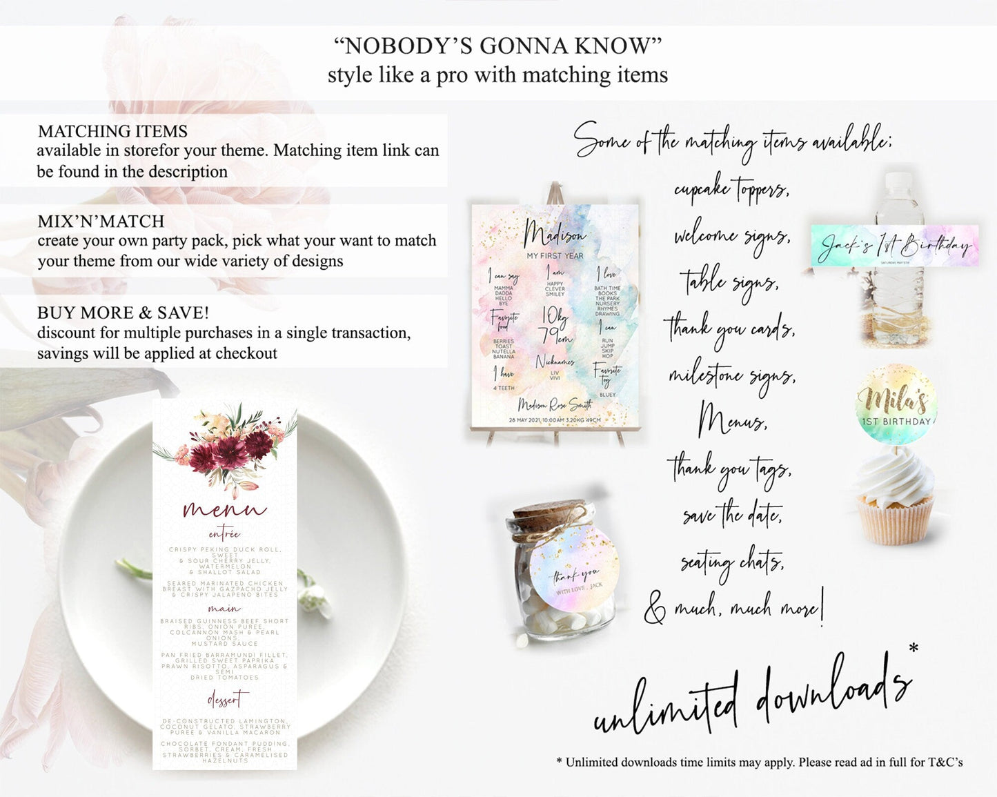 Secret Garden Menu Wildflower Menu Template Pastel Flower Garden Table Decor Boho Floral Dinner Dessert Floral Party Food Menu D10685