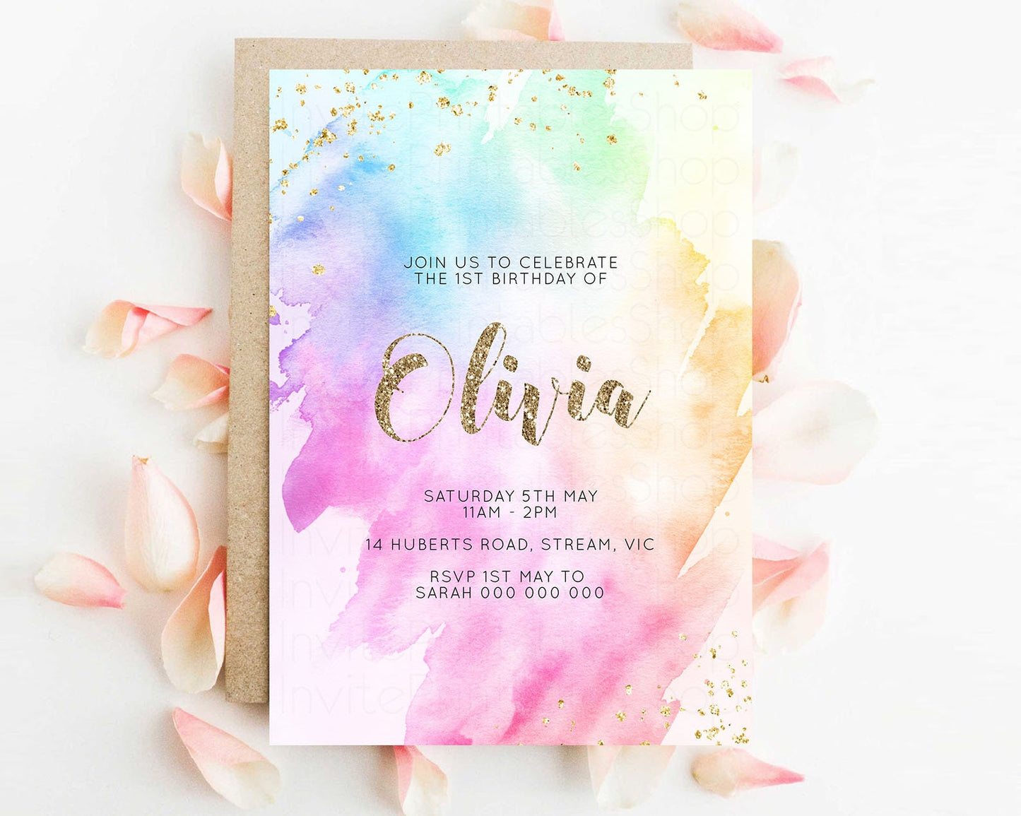 Rainbow Birthday Invitation Ombre Pastel Invitation Colorful Watercolor Splash Invite Gold Glitter Sprinkles Printable Digital Invite g504