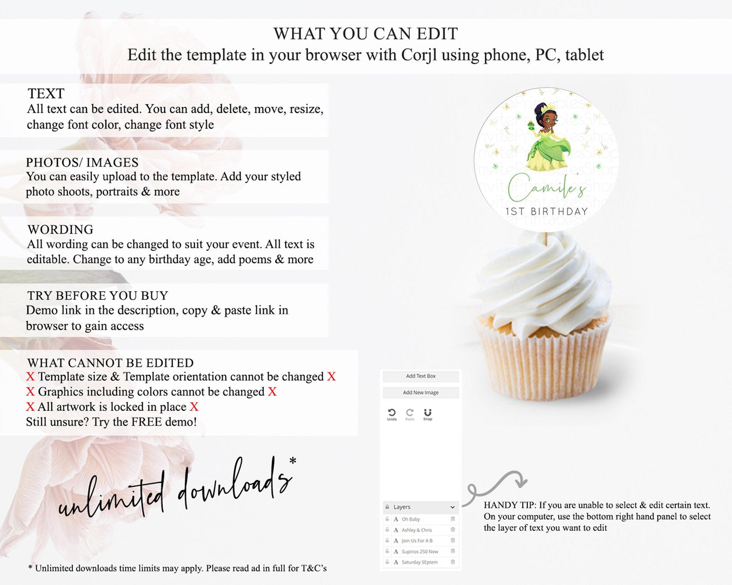 Princess Cupcake Toppers Castle Cupcake Toppers Royal Princess Decor Fairy Tale Enchanted Castle Pastel Floral Garden Table Number D10348