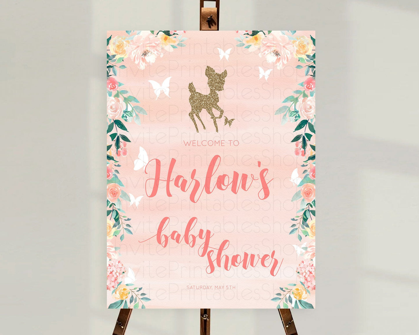 Fawn Baby Shower Welcome Sign Deer Welcome Board Floral Deer Welcome Poster Enchanted Forest Butterfly Pastel Floral Welcome Sign D10873