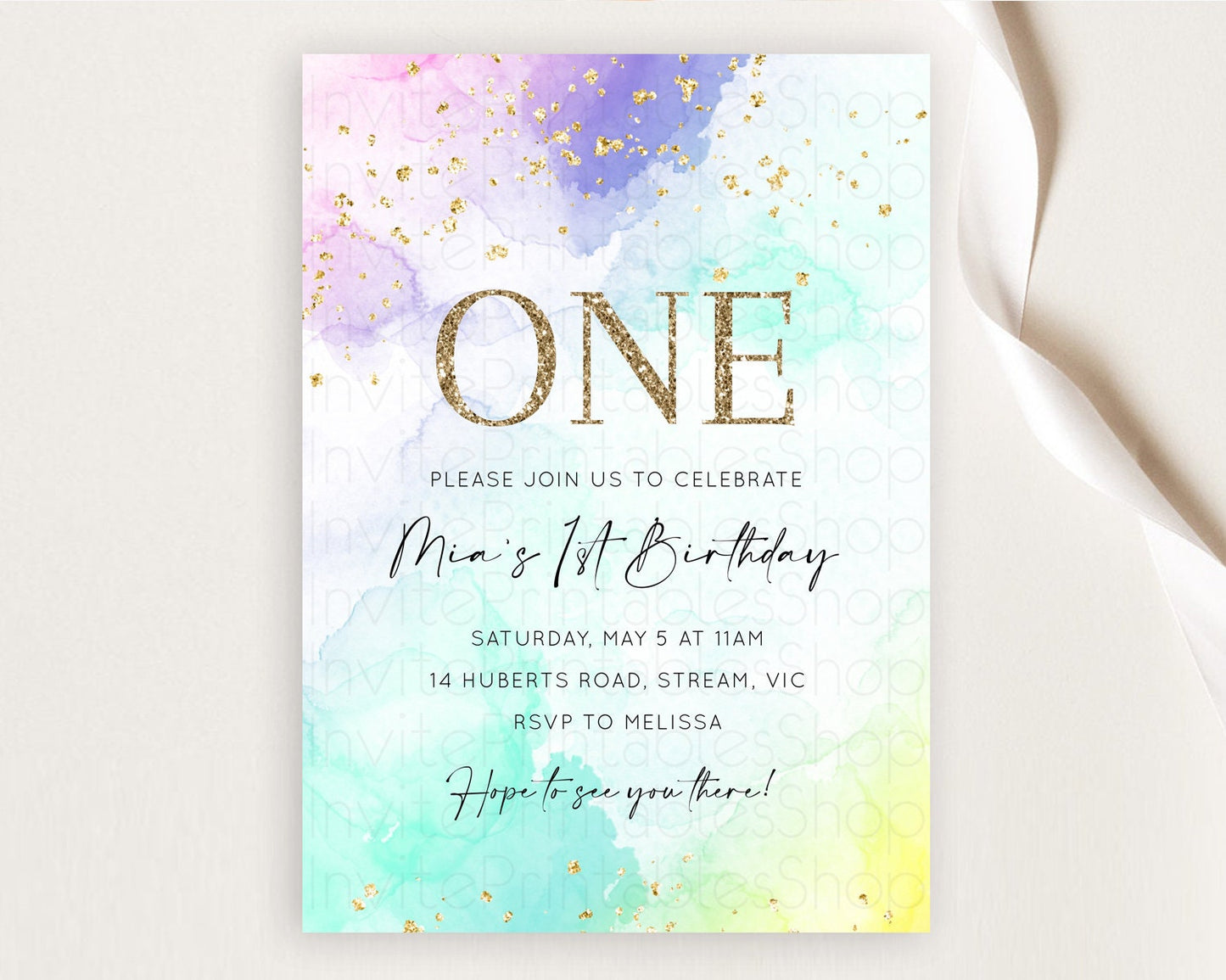 Rainbow Birthday Invitation Colorful Pastel Watercolor Invitation Gold Glitter Sprinkles Ombre Pastel 1st 2nd 3rd Birthday D10157