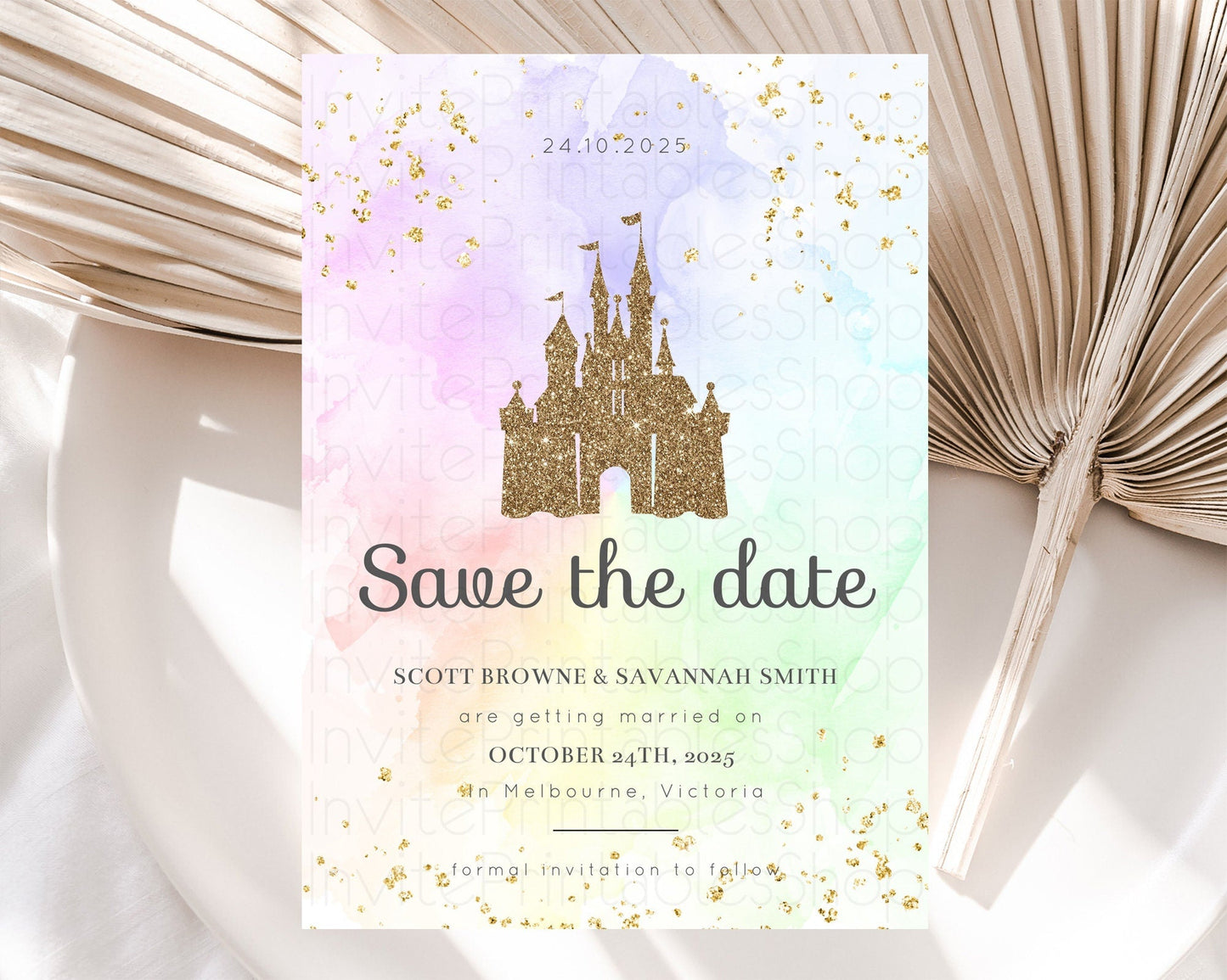 Princess Save The Date Pastel Watercolor Ombre Princess Party Rainbow Colorful Enchanted Castle 1st Birthday Baptism Baby Shower D10658