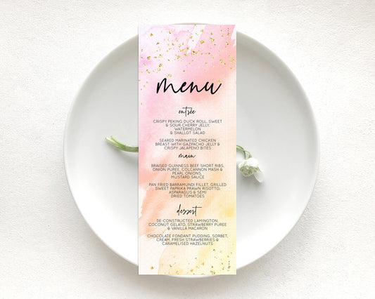 Pink Menu Pink Watercolor Menu Template Pastel Pink Table Décor Pink Watercolor Splash Dinner Dessert Pink Party Food Menu D10167