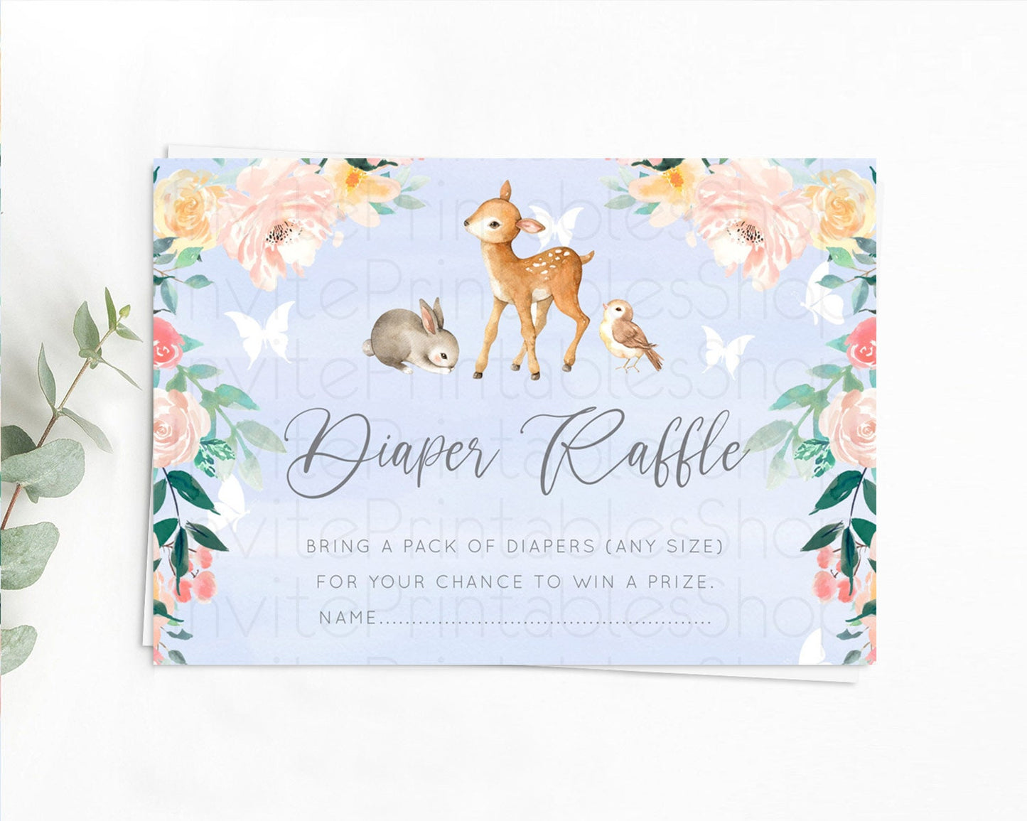 Fawn Diaper Raffle Card Deer Diaper Insert Floral Deer Diaper Ticket Enchanted Forest Butterfly Pastel Baby Shower Raffle Game D10920