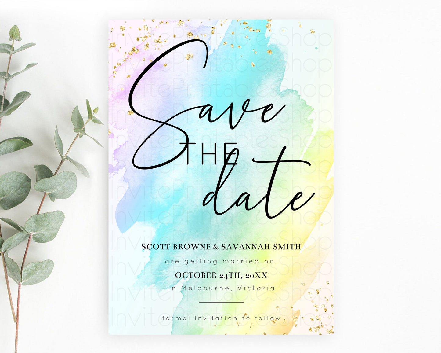 Pastel Save The Date Template Pastel Ombre Rainbow Watercolor Colorful Party For Birthday Baptism Baby Shower Wedding Bridal Shower D10773