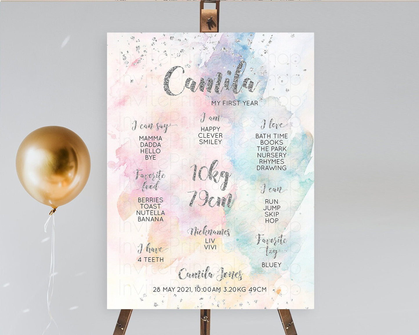 Pastel Rainbow First Birthday Milestone Board Pastel Milestone Poster Colorful Confetti Watercolor Silver 1st Birthday Welcome Sign D10944