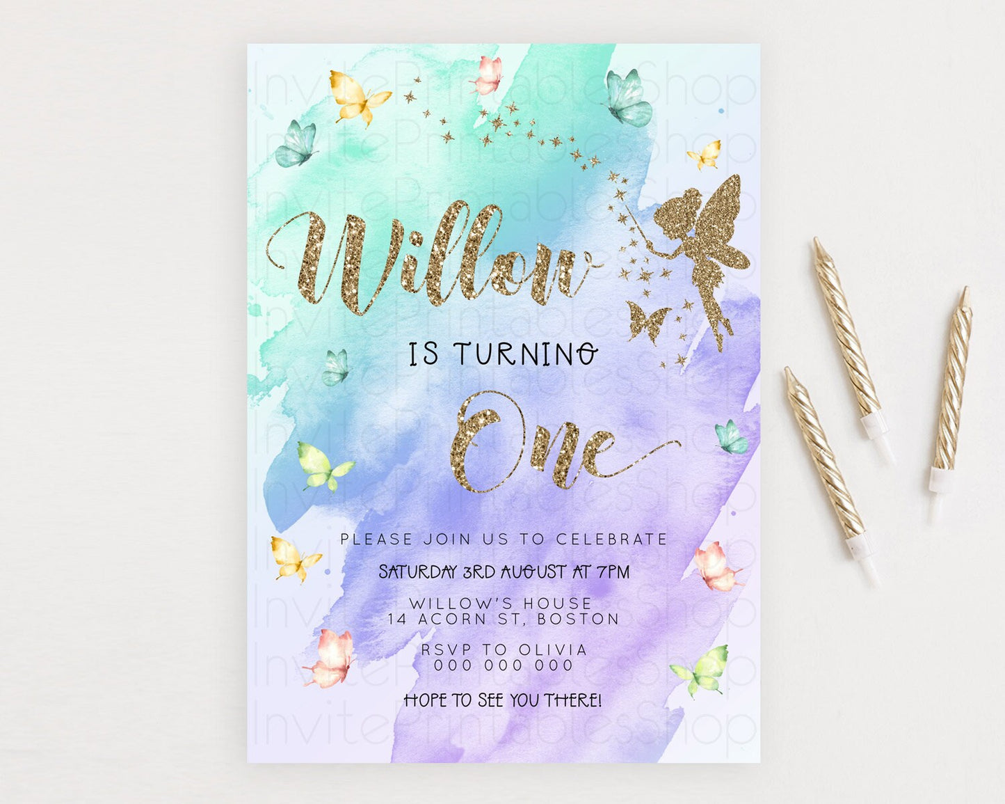 Pastel Fairy Birthday Invitation Pastel Butterflies Fairy Birthday Invitation Rainbow Ombre Watercolor 1st 2nd Birthday Invitation D23335