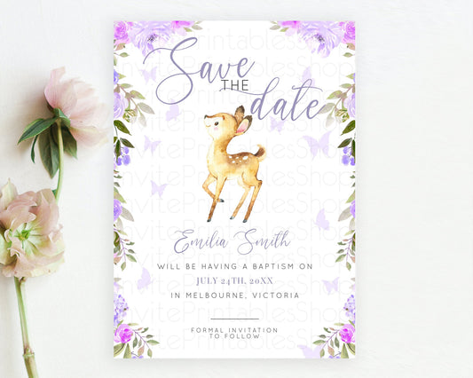 Fawn Deer Save The Date Template Pastel Floral Deer Enchanted Forest Butterfly Party 1st Birthday Baptism Baby Shower Bridal Shower D10916