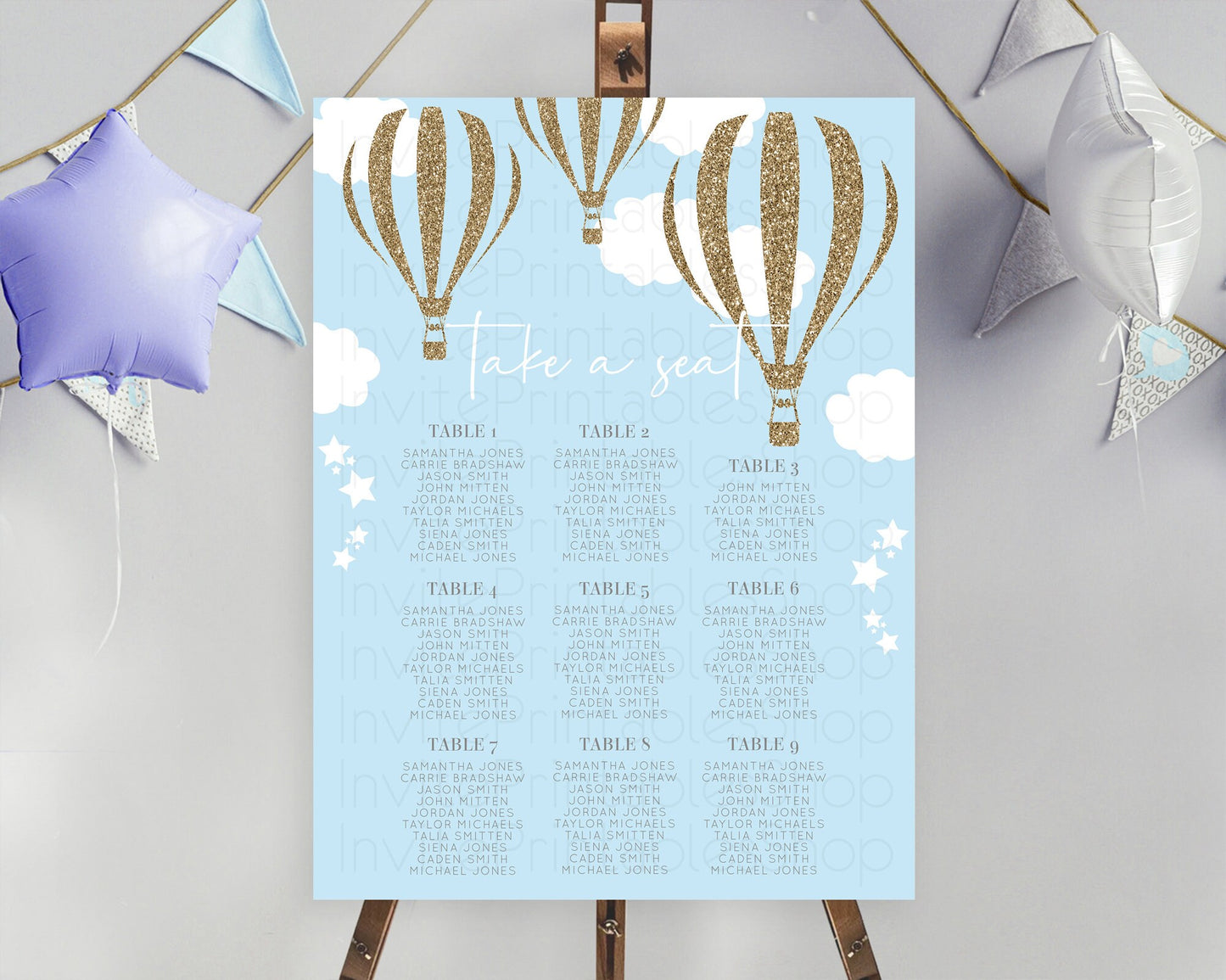 Hot Air Balloon Seating Chart Hot Air Balloon Seating Chart Adventure Awaits Up & Away Glitter Blue Watercolor Seating Take a Seat D10332